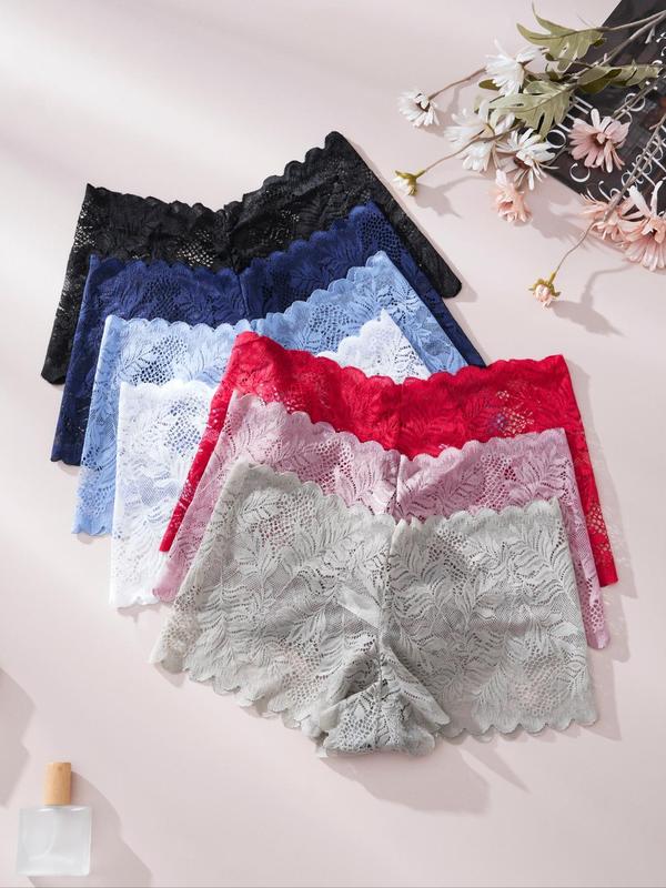 Women's 4pcs Plain Leaf Pattern Lace Boxer Briefs, Scallop Trim Soft Comfortable Breathable Panties, Women's Knickers Underwear for All Seasons Daily Wear, Sheer Lace Briefs Multipack