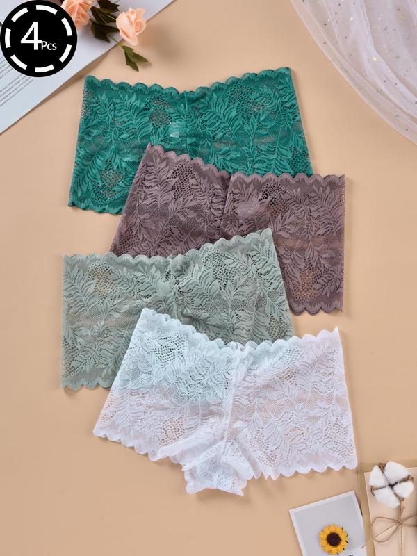 Women's 4pcs Plain Leaf Pattern Lace Boxer Briefs, Scallop Trim Soft Comfortable Breathable Panties, Women's Knickers Underwear for All Seasons Daily Wear, Sheer Lace Briefs Multipack