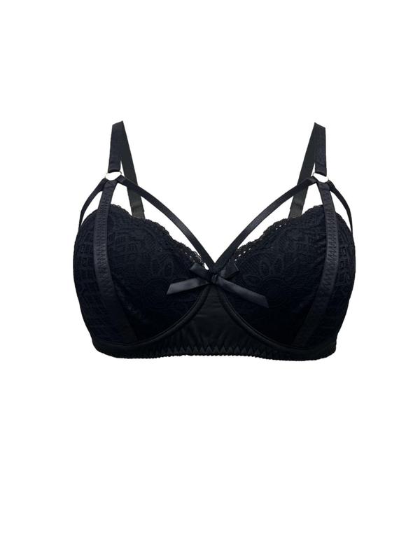 Plus Size Plain Cut Out Bow Decor Lace Bra, Casual Adjustable Strap Underwire Bra, Women's Underwear for All Seasons