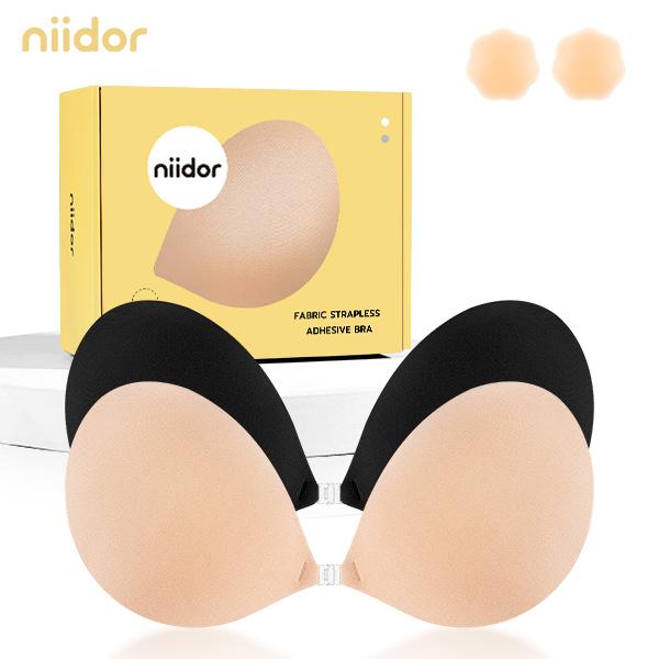 Niidor Fabric Adhesive Bra, Comfortable with Front Closure Strapless Sticky Invisible Bra Reusable for Backless Dress, Gift for her