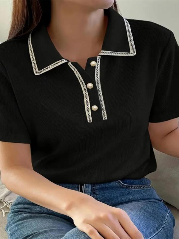 Women's Contrast Trim Short Sleeve Polo Neck Tee, Casual Half Button Collared T-Shirt for Spring & Fall, Women's Fashion Top for Daily Wear