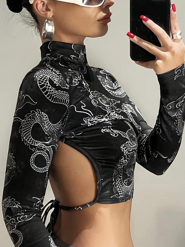 Women's Dragon Print Tie Back Crop Top, Streetwear 2000s Y2K Cut Out High Neck T-shirt for Daily Wear, Ladies Clothes for All Seasons