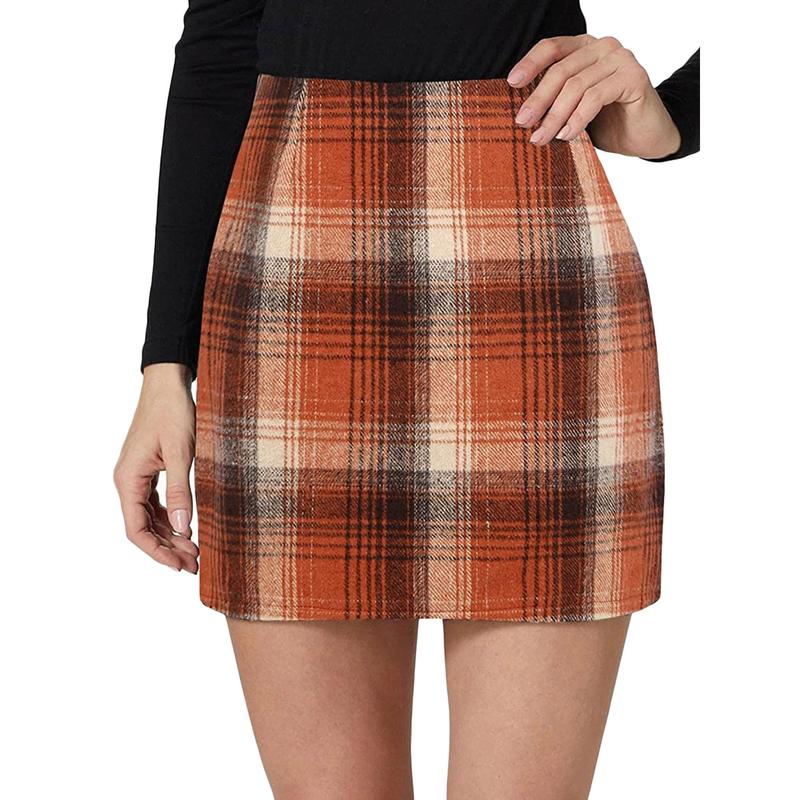 Women's Bodycon Mini Skirt, Classic Plaid Print High Waist Zip Up Wool Pencil Skirt