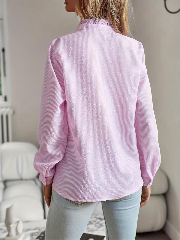 Women's Plain Ruffle Trim Button Front Blouse, Elegant Bishop Sleeve Frill Trim Top for Daily Wear, Ladies Clothes for All Seasons, Going Out Tops, Business Casual Outfits Women, Tops for Women