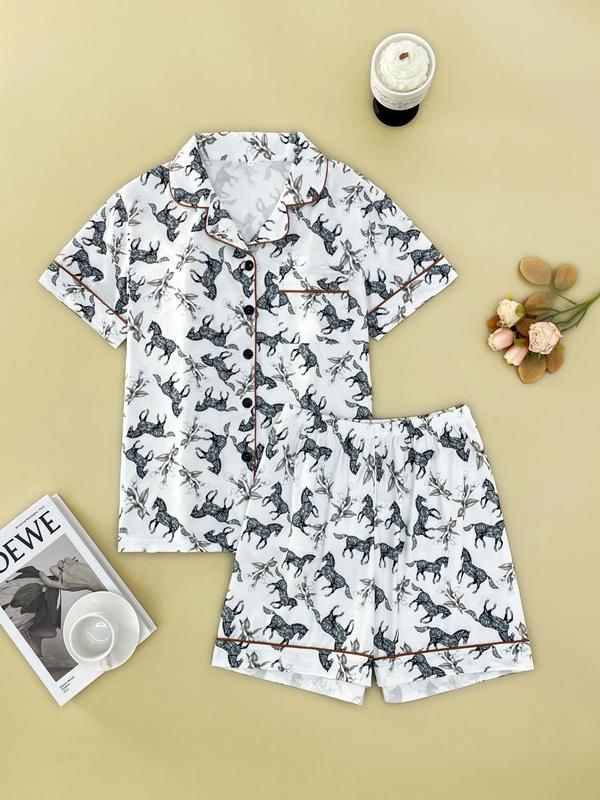 Women's All Over Horse & Floral Print Pyjama Set, Casual Lapel Button Front Short Sleeve Shirt & Elastic Waist Shorts, Summer Sleepwear Set for Women