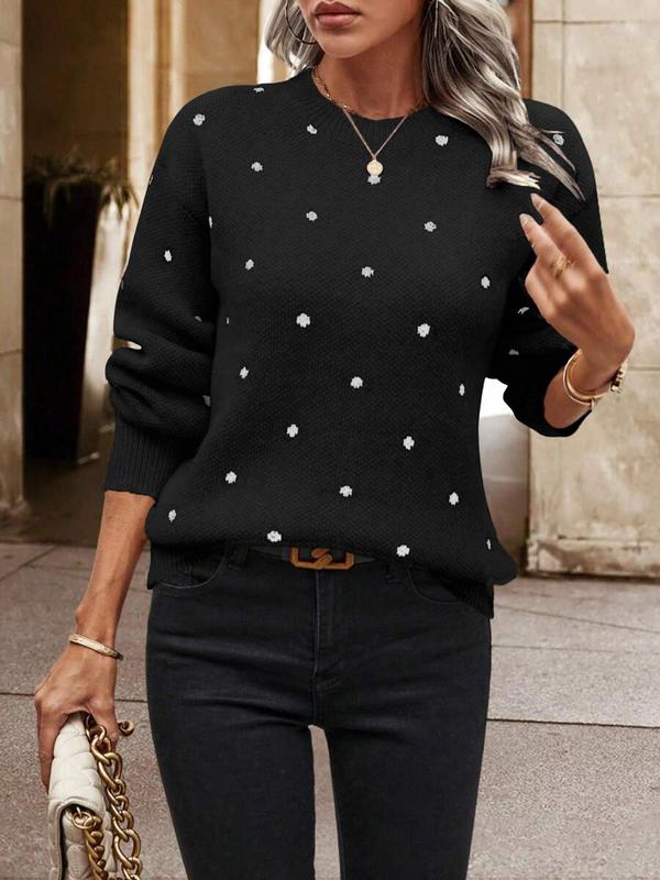 Women's Polka Dot Print Drop Shoulder Sweater, Casual Long Sleeve Round Neck Jumper for Fall & Winter, Fall Clothes, Pullover Sweaters for Women, Fashion Ladies' Knitwear for Daily Wear, Fall Outfits, Fallfreshness, Vintage Clothing, Preppy 80s Clothes