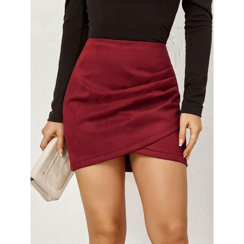 Women's Solid Ruched Wrap Bodycon Skirt, Fashion Girls Skirt, Casual High Waist Skirt for Daily Outdoor Wear, Women's Bottoms for Spring & Fall