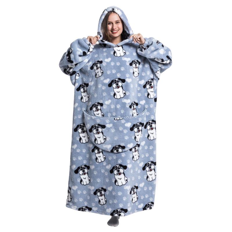 Cute Alpaca & Penguin Print Hoodie Blanket, Wearable Sweatshirt Pullover, Summer Air-conditioned Room Comfortable Hoodie Nightgown with Big Pocket, Christmas Blanket, Christmas 2024 Costume, Christmas Gifts, Christmas Decorations