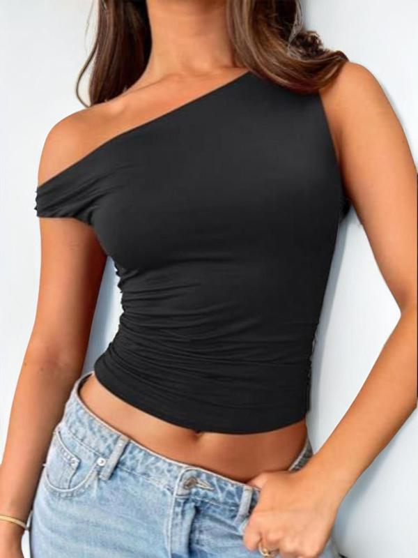 Women's Plain Ruched Asymmetrical Neck Crop Tee, Summer Clothes Women, Casual Solid Sleeveless Cropped T-shirt for Summer, Fashion Women's Top for Daily Wear, Experimental Outfits