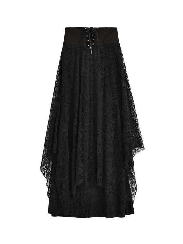 Women's Goth Solid Color Tiered Layer Asymmetrical Hem Maxi Lace Skirt, Street Fashion Y2K Lace Up Grommet Eyelet High Waist A Line Skirt for Daily Outdoor Wear, Ladies Bottoms for All Seasons