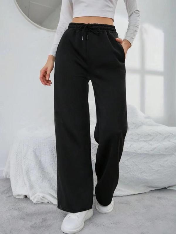 Women's Solid Drawstring Waist Sweatpants, Casual Pocket Straight Leg Pants for Fall & Winter, Women's Trousers for Daily Wear