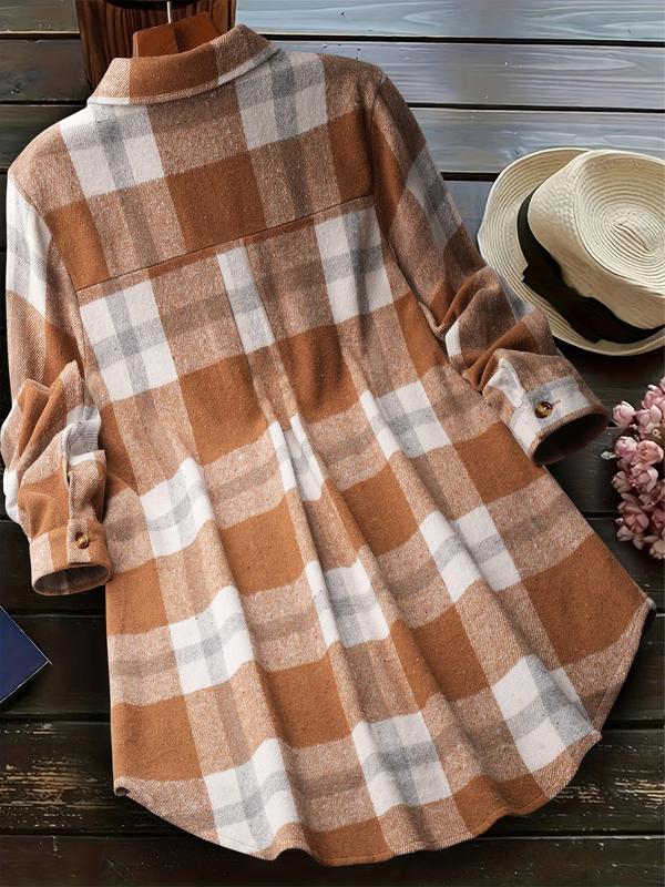 Women's Colorblock Plaid Print Button Front Curved Hem Shirt, Casual Long Sleeve Collared Pocket Top for Fall & Winter, Ladies Clothes for Daily Wear