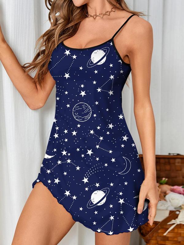 Women's Star & Moon Print Contrast Binding Lettuce Trim Sleeveless Cami Nightdress, Summer Clothes Women Casual Style Soft Comfortable Spaghetti Strap Pj Loungewear Dress, Summer Pajama Dress, Lady Pajamas Sleepwear for Summer, Womenswear