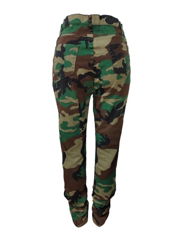 Women's Camo Print Pocket Button Stacked Pants, Casual Street High Waist Trousers for Daily Wear, Ladies Bottoms for Fall & Winter Girl Clothes