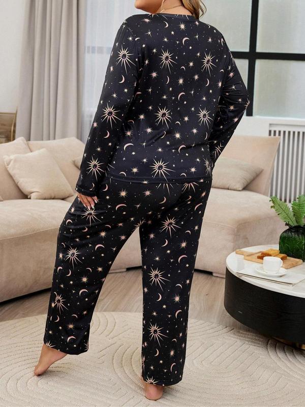  Two-Piece Set Star Print Long Sleeve Tee & Pants Pajama, Casual Comfy Round Neck Top & Trousers PJ Set, Women's Sleepwear for Spring & Fall