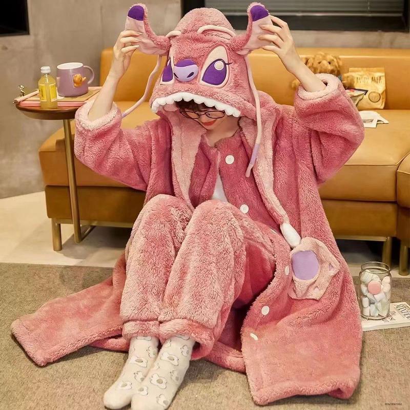 Pink Stitch cartoon couple internet celebrity style pajamas for men and women autumn and winter coral fleece long robe suit for men