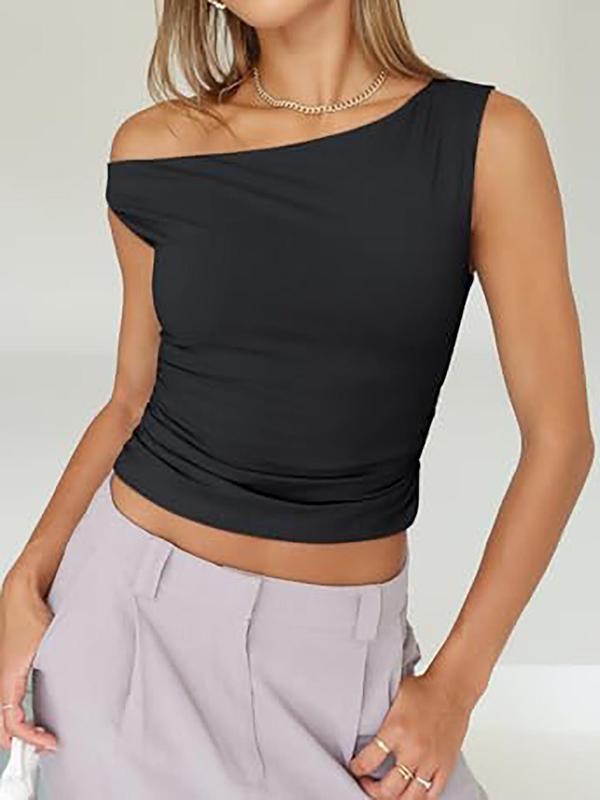 Women's Plain Ruched Asymmetrical Neck Crop Tee, Summer Clothes Women, Casual Solid Sleeveless Cropped T-shirt for Summer, Fashion Women's Top for Daily Wear, Experimental Outfits