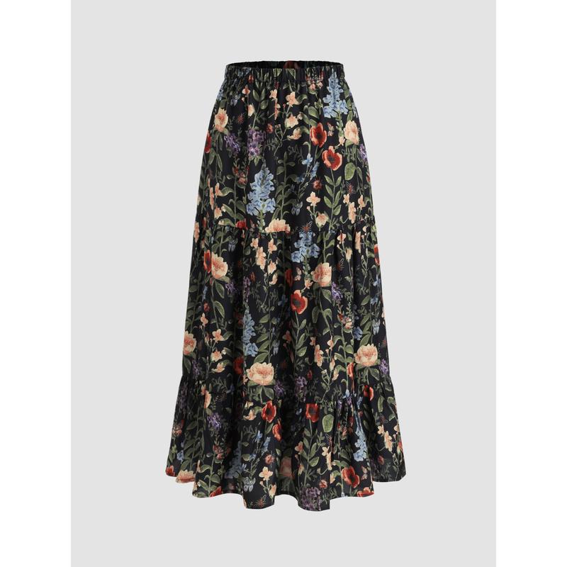 Cider [2 colors, size 2-26] Middle Waist Floral Maxi Skirt