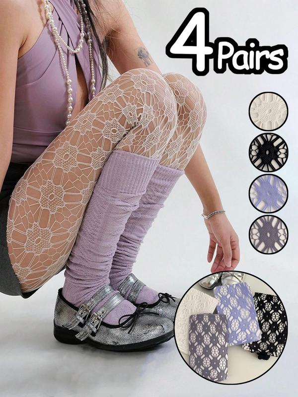 Women's Floral Lace Sheer Fishnet Tights, Y2k Style Hollow Out Pantyhose for Daily Wear, Ladies Stockings for All Seasons