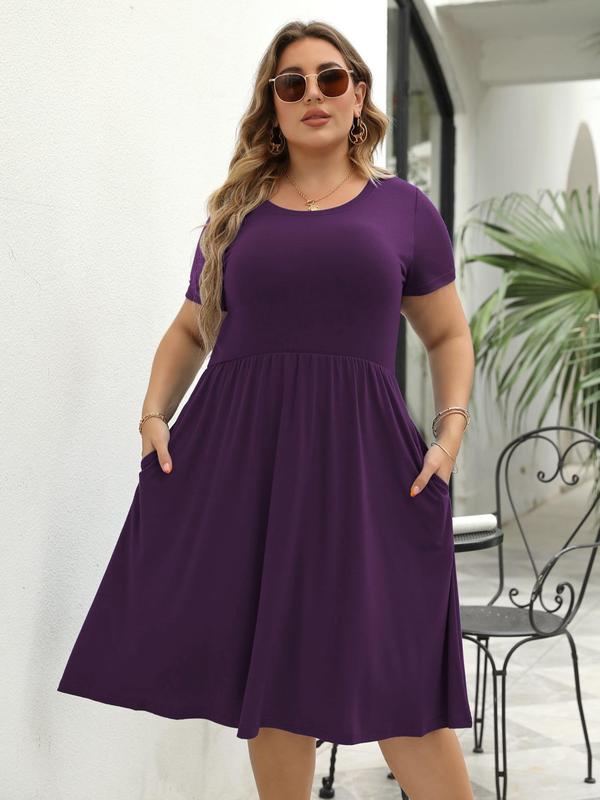  Plus Plain Pocket Round Neck Tee Dress, Summer Clothes Women, Women's Casual Short Sleeve A Line Dress for Summer, Dresses for Women, Lady Clothing for Daily Wear