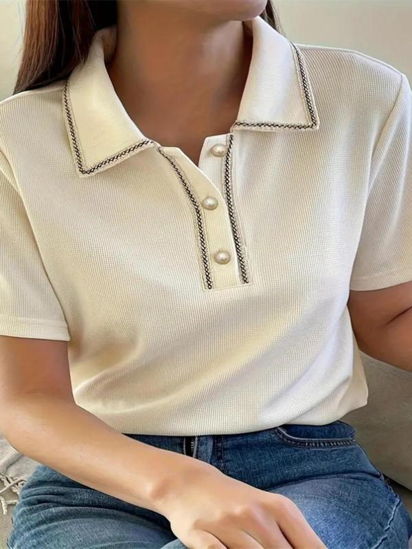 Women's Contrast Trim Short Sleeve Polo Neck Tee, Casual Half Button Collared T-Shirt for Spring & Fall, Women's Fashion Top for Daily Wear