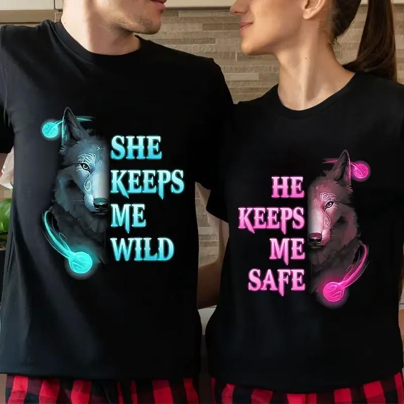 She Keeps Me Strong He Keeps Me Safe Couple Matching T Shirt Wolf Couple T Shirt Casual Black LOVER Shirt Tops