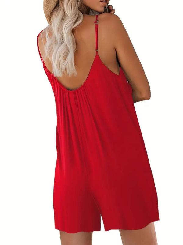 Women's Solid Backless Cami Romper, Casual Spaghetti Strap Sleeveless Romper,  Rompers for Women, Summer Clothes Women, Women's Jumpsuit for Beach Holiday, Jumpsuit for Women