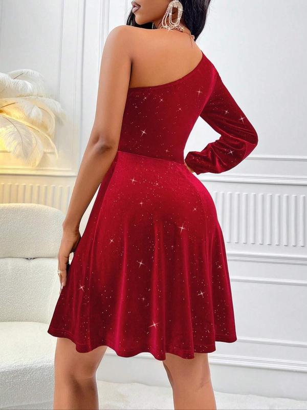 Women's Glitter One Shoulder Velvet Dress, Elegant Bishop Sleeve A Line Short Dress for Party Dating Wear, Ladies Clothes for All Seasons