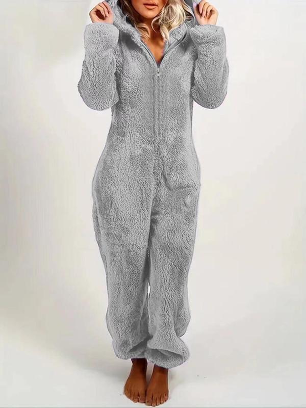 Women's Solid Zipper Hooded Plush Pajama Jumpsuit, Casual Long Sleeve Teddy Bear Ear Design Jumpsuit for Fall & Winter, Women's Sleepwear for Indoor Wear, Fluffy Pajamas Onesies Pajama