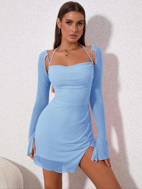 Women's Long Sleeve Cowl Neck Tie Back Halter Split Bodycon Mini Dress, Back To School Outfits for Christmas, Contrast Mesh Flounce Sleeve Tight Short Dresses for Summer, Summer Outfits 2024 Casual Wear