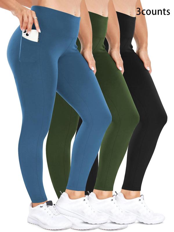  Solid High Waist Pocket Leggings, Casual Comfy Breathable Skinny Pants for Women, Women's Bottoms for Fall & Winter