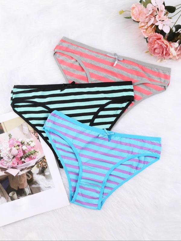 Women's Striped Print Bow Decor Briefs, Soft Comfy Breathable Knicker for Daily Wear, Underwear for All Seasons