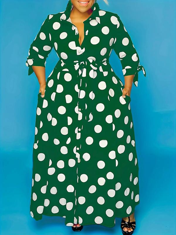 Plus Size Polka Dot Print Belted Button Front Shirt Dress, Elegant 3 4 Sleeve Tie Front High Waist Long Dress for Vacation Holiday Party, Women's Clothes for Summer, Back To School Outfit Moo Moo Dresses