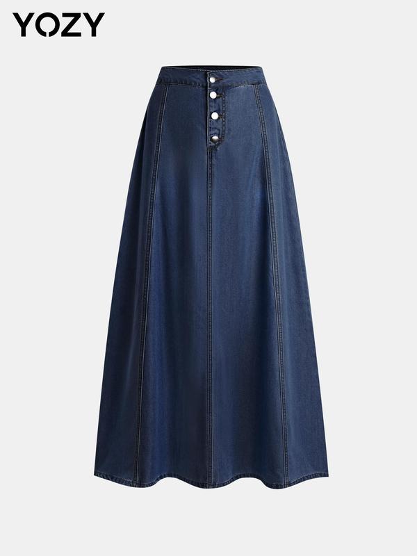 YOZY Christmas Deals, Button Front A Line Denim Skirt, Women's Casual Fashion, High Waist Long Skirt Versatile Bottoms, 2024 Women's Daily Wear for All Seasons, Christmas 2024 Trend, Fall & Winter Clothes