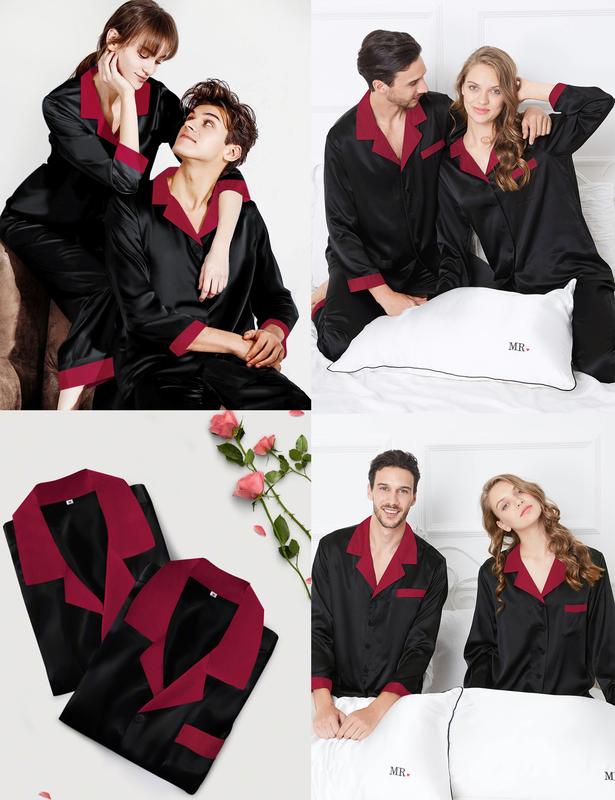 SWOMOG Pajama Sets Women & Men Silky Satin Long Sleeve Sleepwear Classic Button Down Soft Loungewear Couple Christmas Pajama Set Fit Womenswear