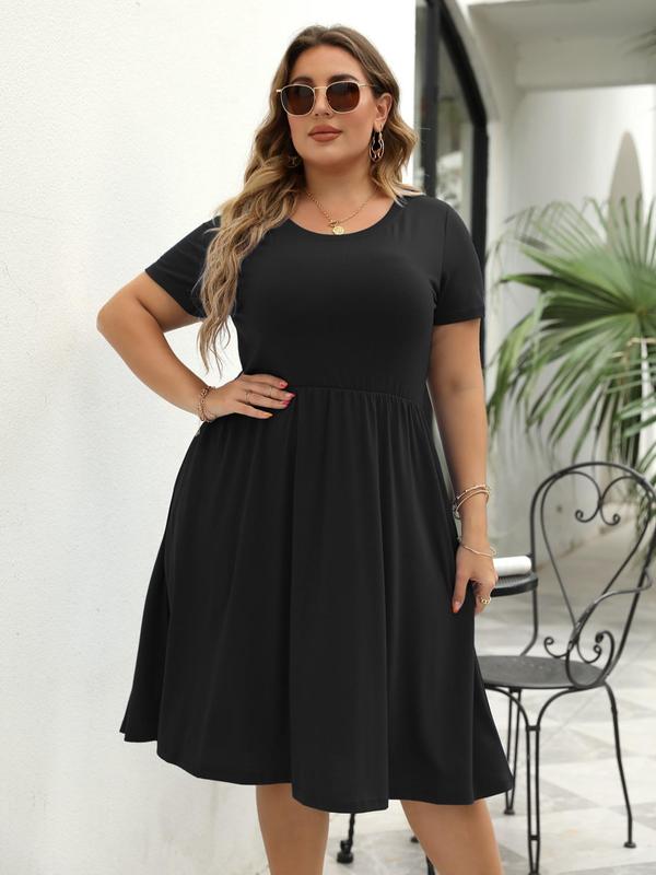  Plus Plain Pocket Round Neck Tee Dress, Summer Clothes Women, Women's Casual Short Sleeve A Line Dress for Summer, Dresses for Women, Lady Clothing for Daily Wear