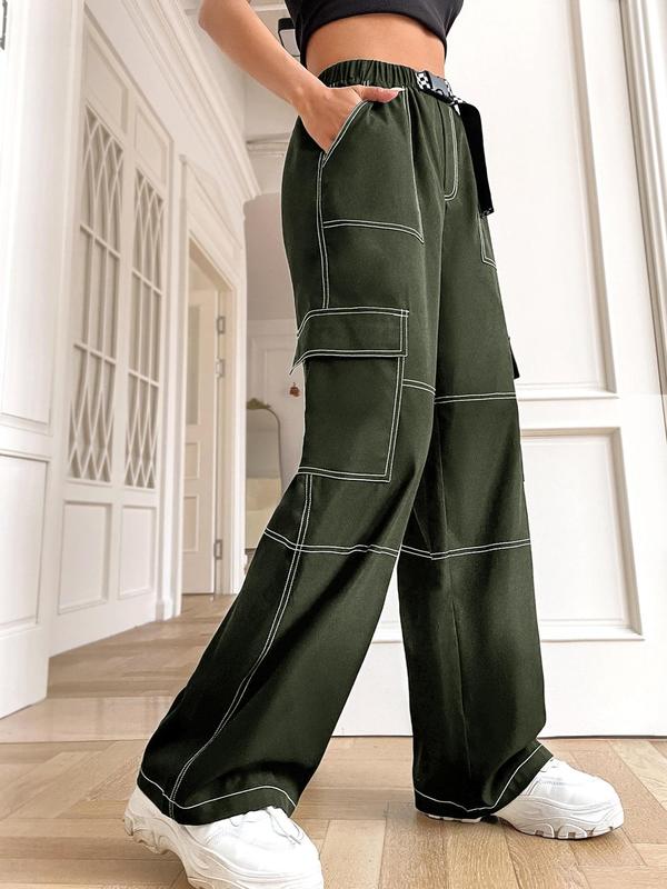 Women's Plain Stitching Pocket Buckle High Waist Wide Leg Pants, Cargo Pants for Women, Casual Fashion Comfy Trousers for Daily Wear, Ladies Bottoms for All Seasons, Trousers for Women