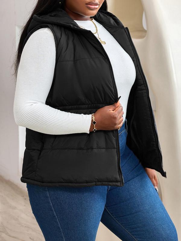 CURVZY Plus Size Solid Pocket Zipper Hooded Vest Coat, Casual Sleeveless Outerwear for Fall & Winter, Women's Clothes for Daily Wear