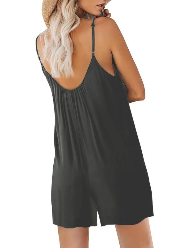 Women's Solid Backless Cami Romper, Casual Spaghetti Strap Sleeveless Romper,  Rompers for Women, Summer Clothes Women, Women's Jumpsuit for Beach Holiday, Jumpsuit for Women