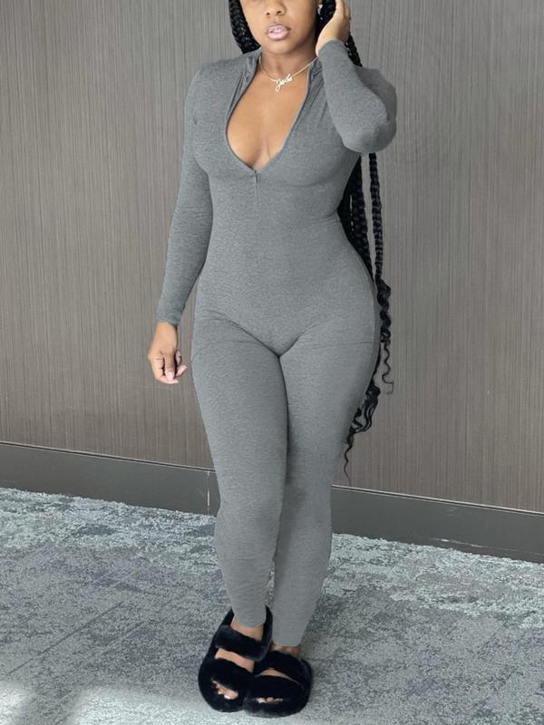 Women's Solid Zip Up Long Sleeve Jumpsuit, Casual Comfy Tight-fitting Jumpsuit for Fall & Winter, Women's Clothes for Daily Wear