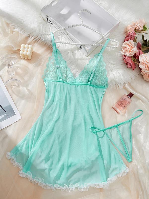 Women's Contrast Lace Bow Decor Tulle Cami Nightdress & Sheer Thong, Romantic Adjustable Spaghetti Strap Asymmetrical Hem V Neck Nightgown & Thong Set, Women's Sleepwear for All Seasons