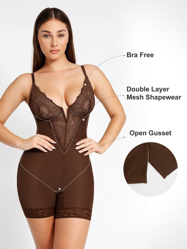 Popilush The Shapewear Bodysuit Lace Deep-V Neck Shorts Bodysuits Mesh Womenswear Tops Comfort