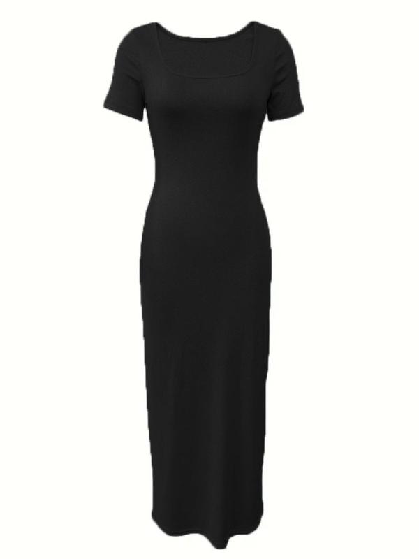 Women's Plain Scoop Neck Bodycon Dress, Casual Basic Short Sleeve Long Dress for Fall, Dress in Club, Dresses for Women for Fall, Ladies Fall Clothes for Daily Wear