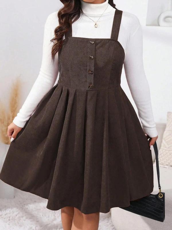 Plus Size Solid Button Front Plicated Pinafore Dress without Inner Top, Homecoming Dresses, Casual Sleeveless High Waist Dress for Spring & Fall, Women's Clothes for Daily Wear, Dresses for Women