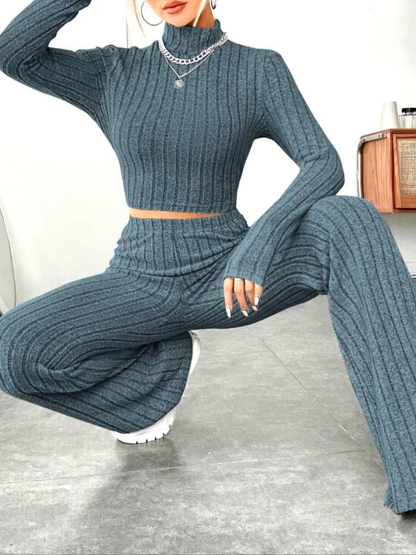 Women's Striped Ribbed Crop Top & Elastic Waist Pants Loungewear Two-piece Set, Casual Comfy Long Sleeve High Neck Top & Trousers Set, Ladies Sleepwear for Fall & Winter, Autumn Wear