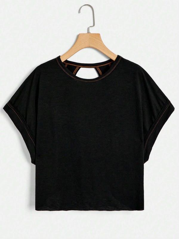 Women's Plain Cut Out Asymmetrical Hem Batwing Sleeve Tee, Casual Short Sleeve Round Neck T-shirt for Summer, T Shirts for Women, Ladies Clothes for Daily Wear, Black Girl Outfits