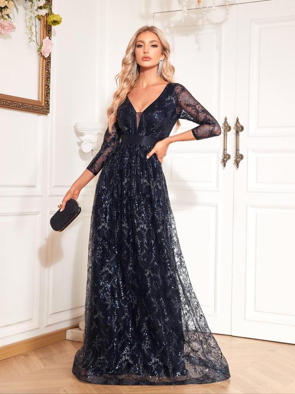 Women's Floral Sequins Contrast Mesh V Neck Evening Dress, Elegant Formal Wear, Three Quarter Length Sleeve Maxi Dress For Party Banquet, Women's Clothing For Spring & Fall