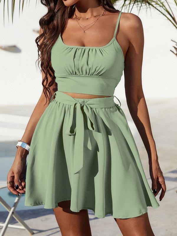 Two-piece Set Women's Ruched Shirred Crop Cami Top & Belted A Line Skirt, Solid Spaghetti Strap Top & High Waist Flared Skirt Set for Summer, Back To School Clothes, Fashion Women's Two-piece Outfits for Beach Vacation Holiday Party, Downtown Girl Clothes