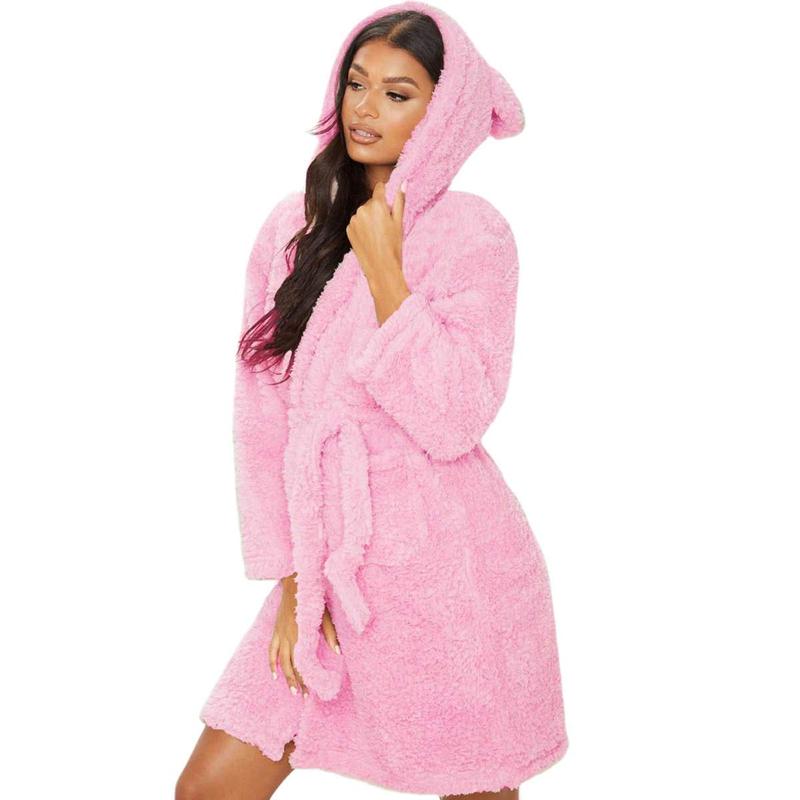 Women Winter Fleece Night Robe Plush Cute Animal Ears Hooded Nightgown Long Sleeve Lace-Up Bathrobe Pajamas Sleepwear