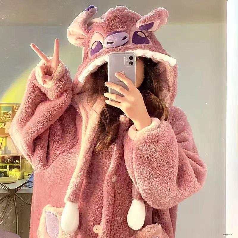 Pink Stitch cartoon couple internet celebrity style pajamas for men and women autumn and winter coral fleece long robe suit for men